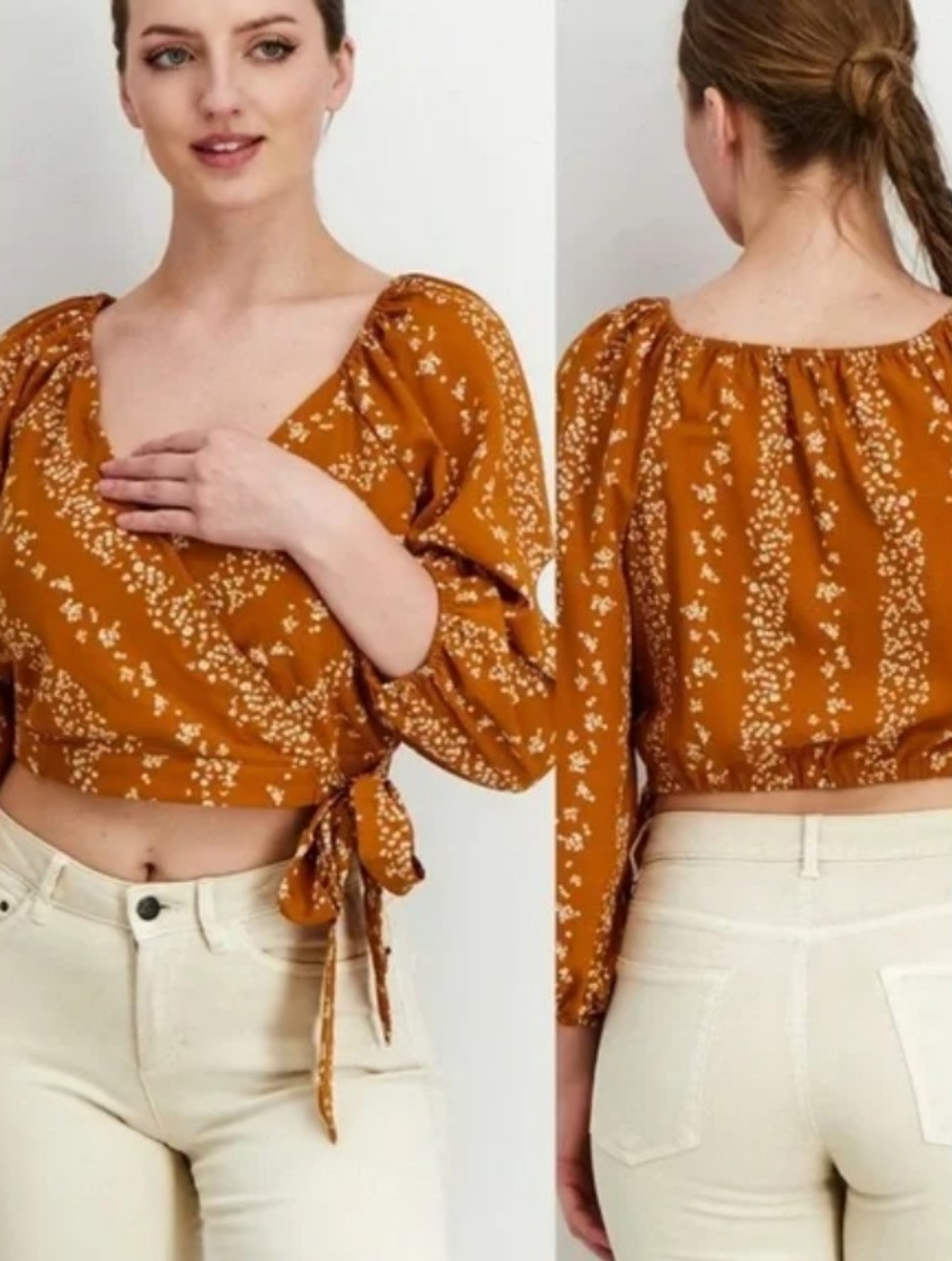 BCBG Paris Dark Orange Floral Print Blouse Tie Waist V-Neckline Size S NWOT